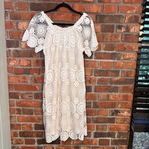 Sharagano womens crochet lace overlay lined boho midi sheath dress cream 6
